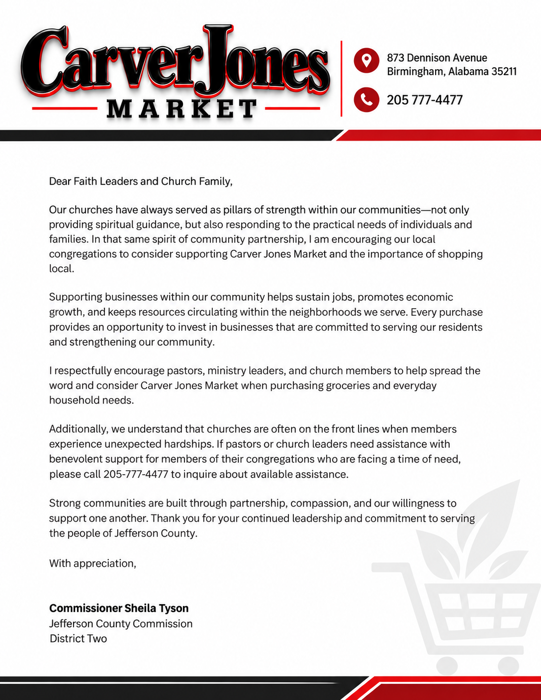 Back of the Carver Jones Market community flyer, a letter to faith leaders and church families from Commissioner Sheila Tyson.