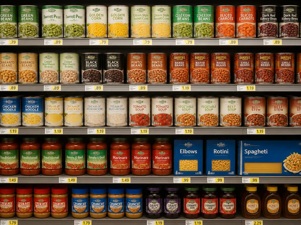 Rows of canned goods and private label products stacked neatly on grocery shelves.