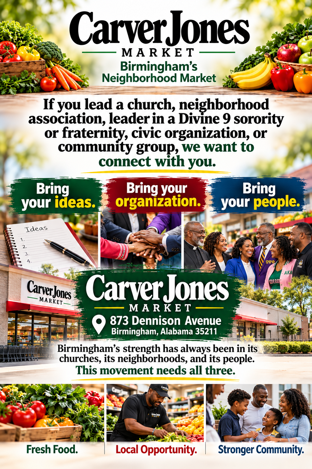 Front of the Carver Jones Market community flyer inviting Birmingham church, neighborhood, Divine Nine, civic, and community leaders to connect.