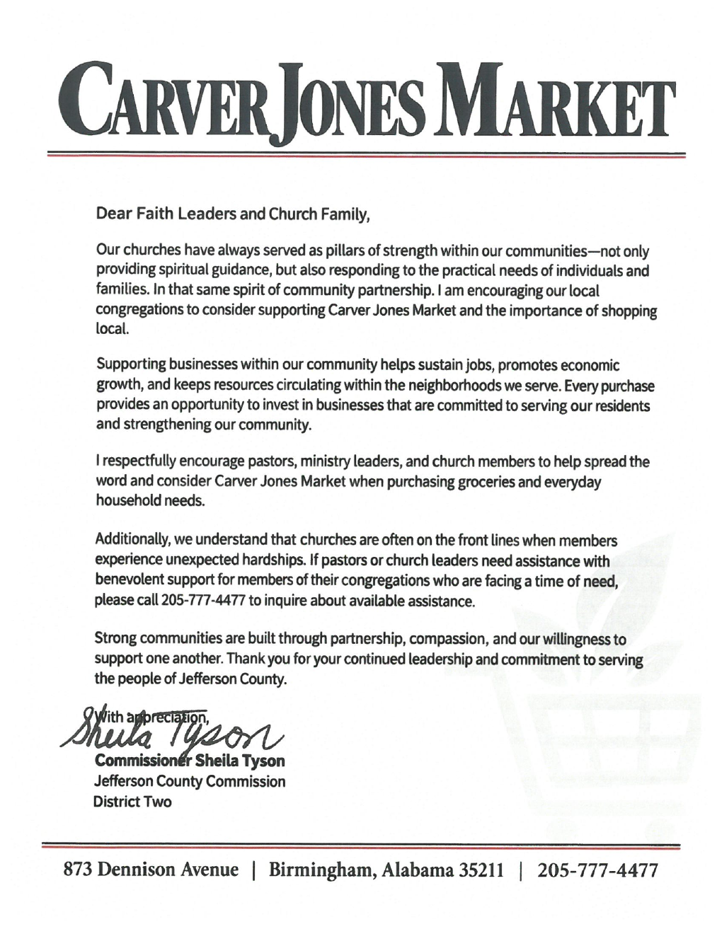 Back of the Carver Jones Market community flyer, a signed letter to faith leaders and church families from Commissioner Sheila Tyson.