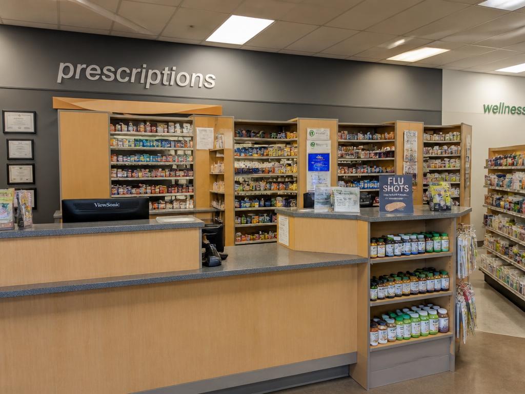 A clean pharmacy counter with prescription bottles and wellness products ready to serve the community.