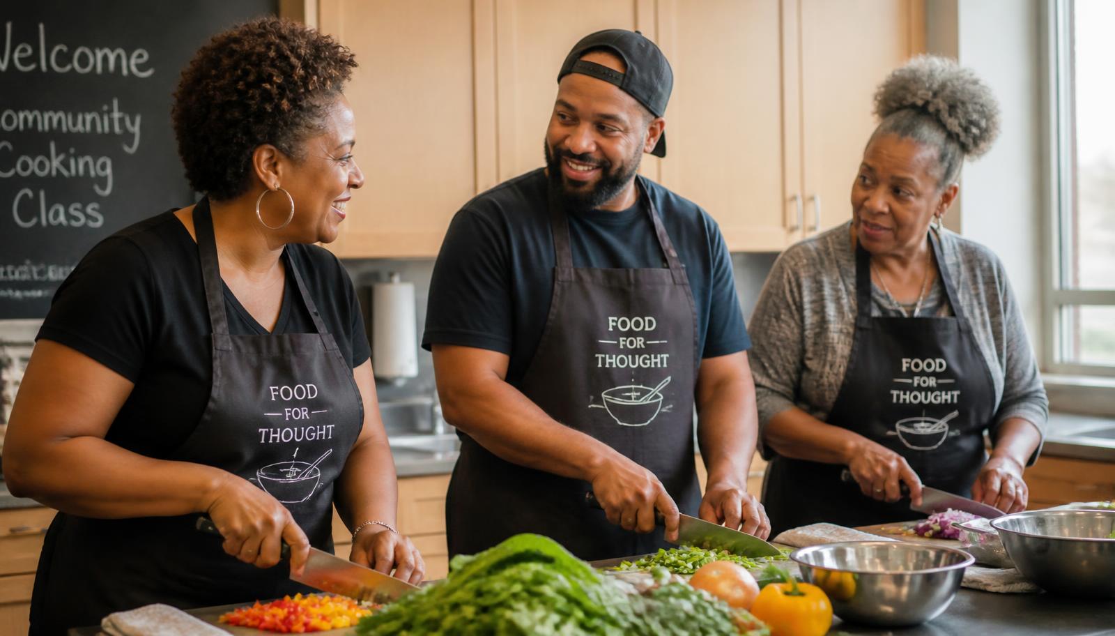 Three Black neighbors cooking side by side at a kitchen counter during a community cooking class, chopping vegetables and talking.